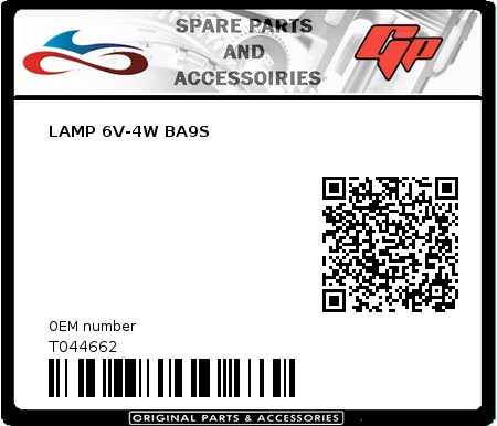 Product image: Tomos - T044662 - LAMP 6V-4W BA9S  0