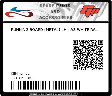 Product image: Tomos - T219398001 - RUNNING BOARD (METAL) LH - A3 WHITE RAL  0