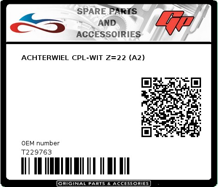 Product image: Tomos - T229763 - ACHTERWIEL CPL-WIT Z=22 (A2)  0