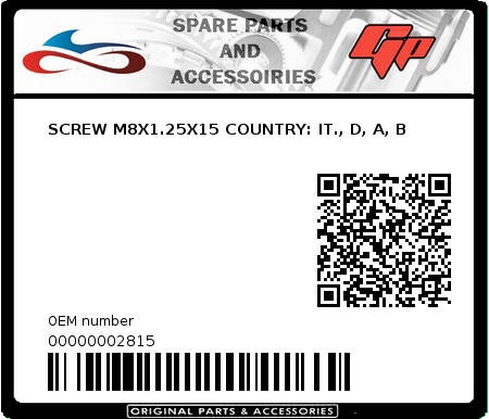 Product image: Derbi - 00000002815 - SCREW M8X1.25X15 COUNTRY: IT., D, A, B  0