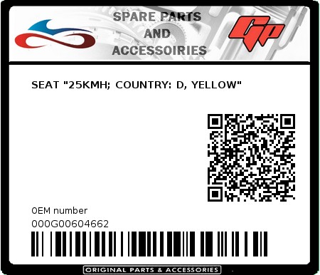 Product image: Derbi - 000G00604662 - SEAT "25KMH; COUNTRY: D, YELLOW"   0
