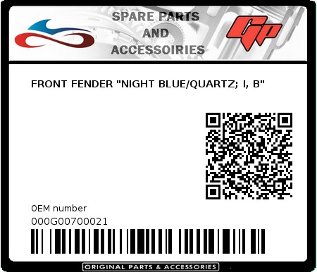 Product image: Derbi - 000G00700021 - FRONT FENDER "NIGHT BLUE/QUARTZ; I, B"   0