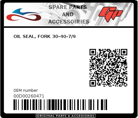 Product image: Derbi - 00D00260471 - OIL SEAL, FORK 30-40-7/9   0