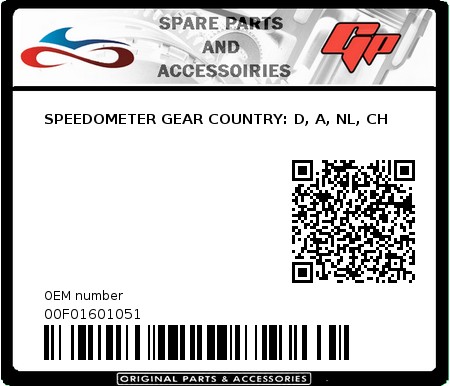 Product image: Derbi - 00F01601051 - SPEEDOMETER GEAR COUNTRY: D, A, NL, CH  0