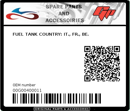 Product image: Derbi - 00G00400011 - FUEL TANK COUNTRY: IT., FR., BE.  0