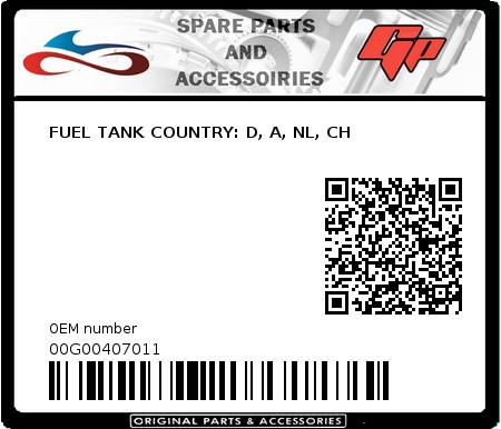 Product image: Derbi - 00G00407011 - FUEL TANK COUNTRY: D, A, NL, CH  0