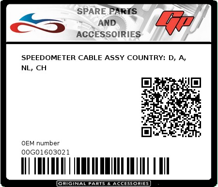 Product image: Derbi - 00G01603021 - SPEEDOMETER CABLE ASSY COUNTRY: D, A, NL, CH  0