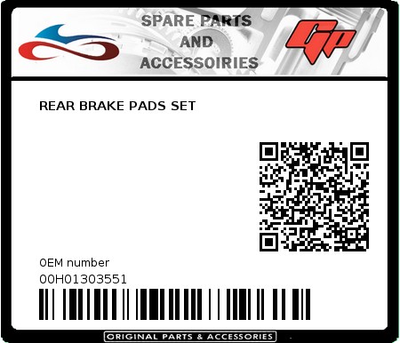 Product image: Derbi - 00H01303551 - REAR BRAKE PADS SET   0