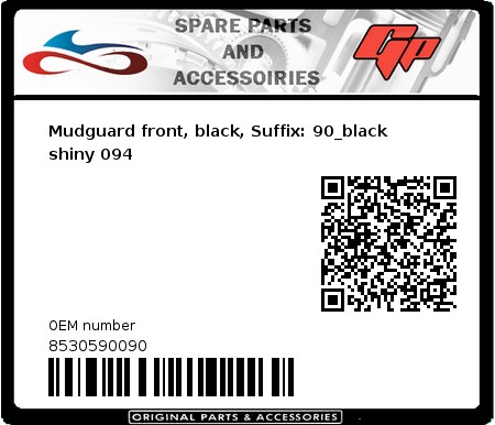 Product image: Derbi - 8530590090 - Mudguard front, black, Suffix: 90_black shiny 094  0