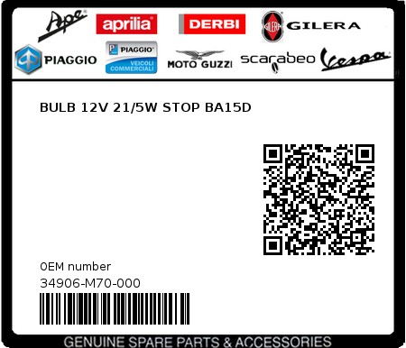 Product image: Sym - 34906-M70-000 - BULB 12V 21/5W STOP BA15D  0