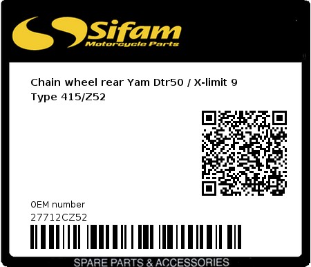 Product image: Sifam - 27712CZ52 - Chain wheel rear Yam Dtr50 / X-limit 9   Type 415/Z52 