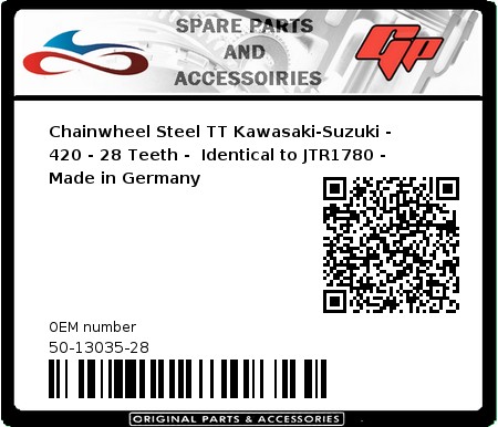 Product image: Esjot - 50-13035-28 - Chainwheel Steel TT Kawasaki-Suzuki - 420 - 28 Teeth -  Identical to JTR1780 - Made in Germany 