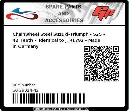 Product image: Esjot - 50-29024-42 - Chainwheel Steel Suzuki-Triumph - 525 - 42 Teeth -  Identical to JTR1792 - Made in Germany 