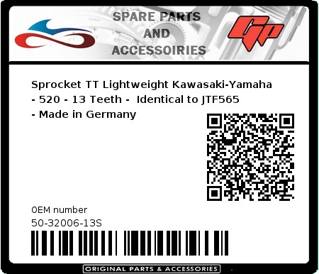 Product image: Esjot - 50-32006-13S - Sprocket TT Lightweight Kawasaki-Yamaha - 520 - 13 Teeth -  Identical to JTF565 - Made in Germany 