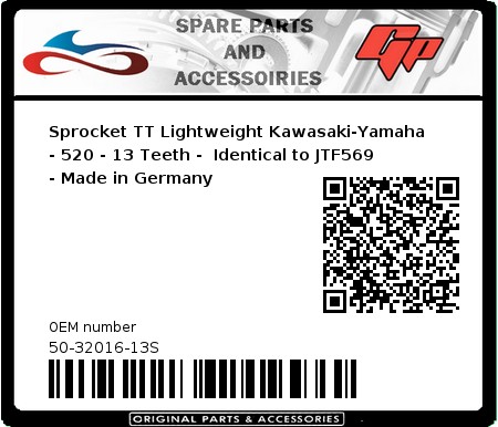 Product image: Esjot - 50-32016-13S - Sprocket TT Lightweight Kawasaki-Yamaha - 520 - 13 Teeth -  Identical to JTF569 - Made in Germany 