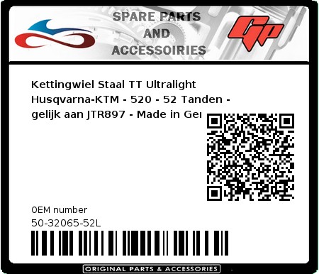 Product image: Esjot - 50-32065-52L - Chainwheel Steel TT Ultralight Husqvarna-KTM - 520 - 52 Teeth -  Identical to JTR897 - Made in Germany 