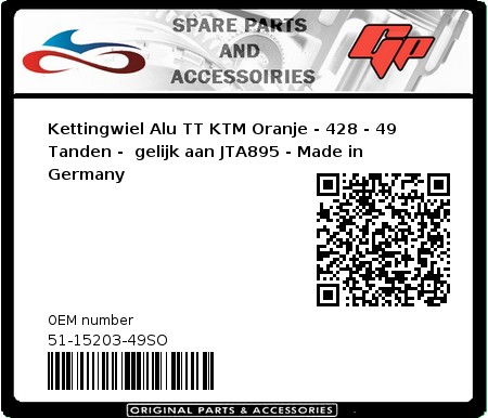 Product image: Esjot - 51-15203-49SO - Chainwheel Alu TT KTM Orange - 428 - 49 Teeth -  Identical to JTA895 - Made in Germany 