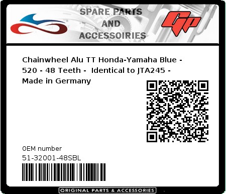 Product image: Esjot - 51-32001-48SBL - Chainwheel Alu TT Honda-Yamaha Blue - 520 - 48 Teeth -  Identical to JTA245 - Made in Germany 