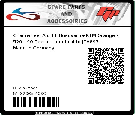 Product image: Esjot - 51-32065-40SO - Chainwheel Alu TT Husqvarna-KTM Orange - 520 - 40 Teeth -  Identical to JTA897 - Made in Germany 