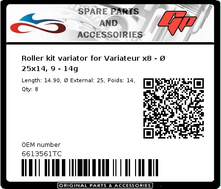 Product image: Malossi - 6613561TC - Roller kit variator for Variateur x8 - Ø 25x14, 9 - 14g 