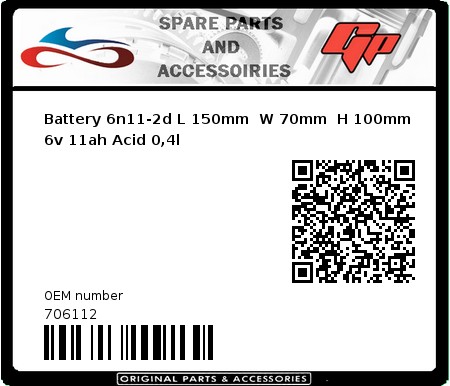 Product image: Kyoto - 706112 - Battery 6n11-2d L 150mm  W 70mm  H 100mm 6v 11ah Acid 0,4l 