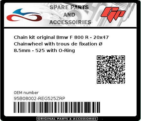 Product image: Regina - 95B08002-REG525ZRP - Chain kit original Bmw F 800 R - 20x47 Chainwheel with trous de fixation Ø 8.5mm - 525 with O-Ring 