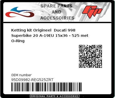 Product image: Regina - 95D09982-REG525ZRT - Chain kit original Ducati 998 Superbike 20 A-19EU 15x36 - 525 with O-Ring 