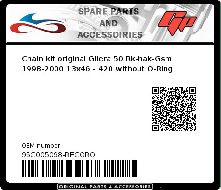 Product image: Regina - 95G005098-REGORO - Chain kit original Gilera 50 Rk-hak-Gsm 1998-2000 13x46 - 420 without O-Ring 