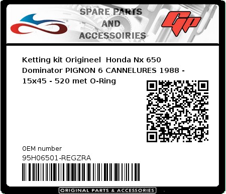 Product image: Regina - 95H06501-REGZRA - Chain kit original Honda Nx 650 Dominator PIGNO 6 CANNELURES 1988 - 15x45 - 520 with O-Ring 