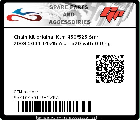 Product image: Regina - 95KT04501-REGZRA - Chain kit original Ktm 450/525 Smr 2003-2004 14x45 Alu - 520 with O-Ring 
