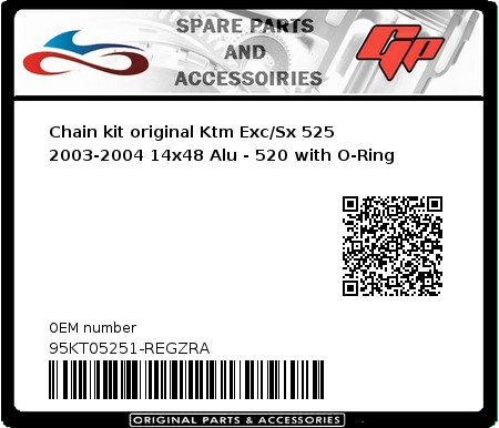 Product image: Regina - 95KT05251-REGZRA - Chain kit original Ktm Exc/Sx 525 2003-2004 14x48 Alu - 520 with O-Ring 