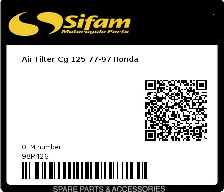 Product image: Sifam - 98P426 - Air Filter Cg 125 77-97 Honda 