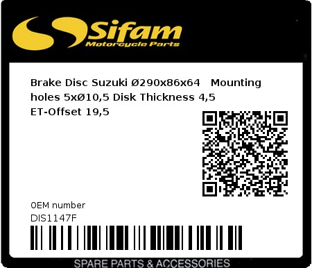 Product image: Sifam - DIS1147F - Brake Disc Suzuki Ø290x86x64   Mounting holes 5xØ10,5 Disk Thickness 4,5  ET-Offset 19,5 