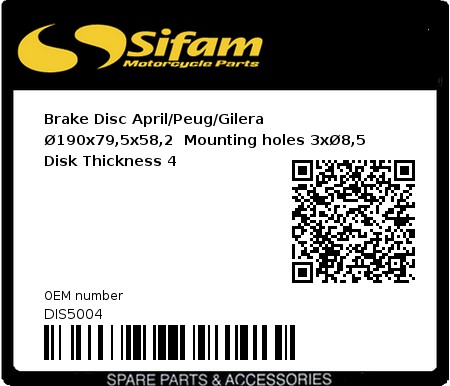 Product image: Sifam - DIS5004 - Brake Disc April/Peug/Gilera Ø190x79,5x58,2  Mounting holes 3xØ8,5 Disk Thickness 4 