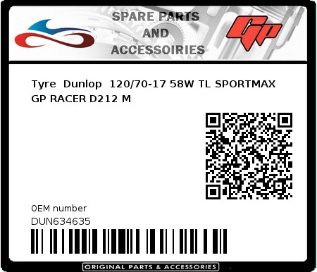 Product image: Dunlop - DUN634635 - Tyre  Dunlop  120/70-17 58W TL SPORTMAX GP RACER D212 M 