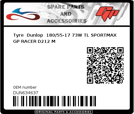 Product image: Dunlop - DUN634637 - Tyre  Dunlop  180/55-17 73W TL SPORTMAX GP RACER D212 M 