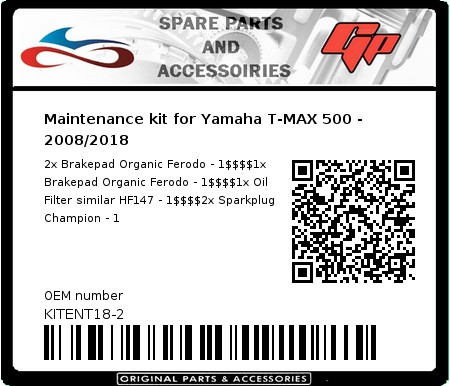 Product image: Ferodo - KITENT18-2 - Maintenance kit for Yamaha T-MAX 500 - 2008/2018 