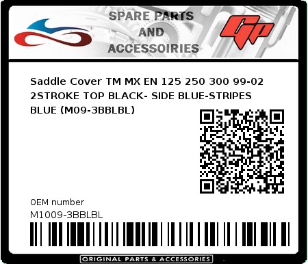 Product image:  - M1009-3BBLBL - Saddle Cover TM MX EN 125 250 300 99-02 2STROKE TOP BLACK- SIDE BLUE-STRIPES BLUE (M09-3BBLBL) 