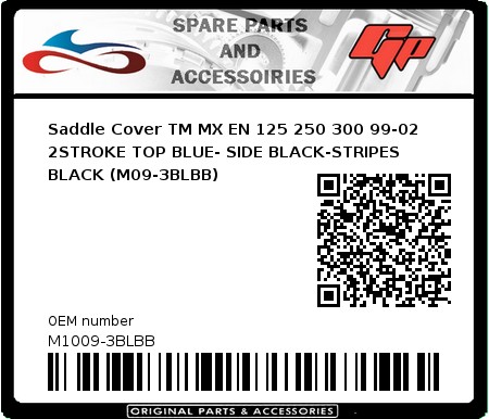 Product image:  - M1009-3BLBB - Saddle Cover TM MX EN 125 250 300 99-02 2STROKE TOP BLUE- SIDE BLACK-STRIPES BLACK (M09-3BLBB) 