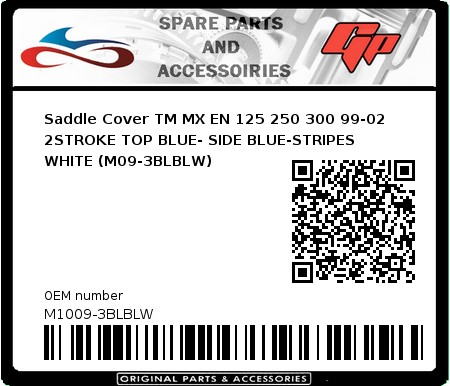 Product image:  - M1009-3BLBLW - Saddle Cover TM MX EN 125 250 300 99-02 2STROKE TOP BLUE- SIDE BLUE-STRIPES WHITE (M09-3BLBLW) 