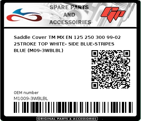 Product image:  - M1009-3WBLBL - Saddle Cover TM MX EN 125 250 300 99-02 2STROKE TOP WHITE- SIDE BLUE-STRIPES BLUE (M09-3WBLBL) 