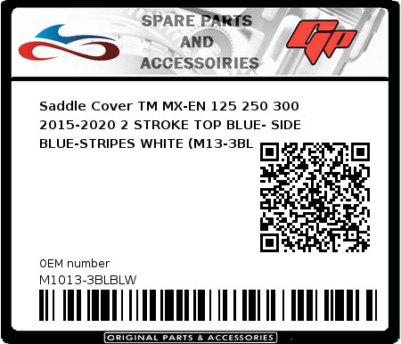 Product image: crossx - M1013-3BLBLW - Saddle Cover TM MX-EN 125 250 300 2015-2020 2 STROKE TOP BLUE- SIDE BLUE-STRIPES WHITE (M13-3BLBLW) 