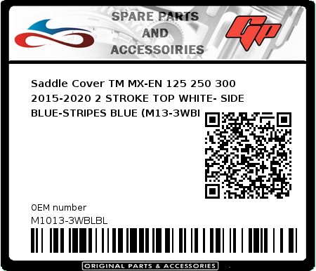 Product image: crossx - M1013-3WBLBL - Saddle Cover TM MX-EN 125 250 300 2015-2020 2 STROKE TOP WHITE- SIDE BLUE-STRIPES BLUE (M13-3WBLBL) 