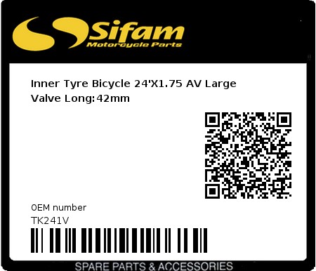 Product image: Sifam - TK241V - Inner Tyre Bicycle 24'X1.75 AV Large Valve Long:42mm  0