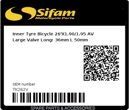 Product image: Sifam - TK262V - Inner Tyre Bicycle 26'X1.90/1.95 AV Large Valve Long: 36mm L 50mm 