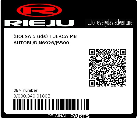 Product image: Rieju - 0/000.340.0180B - (BOLSA 5 uds) TUERCA M8 AUTOBL/DIN6926/JS500  0