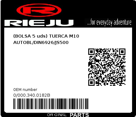 Product image: Rieju - 0/000.340.0182B - (BOLSA 5 uds) TUERCA M10 AUTOBL/DIN6926/JS500  0