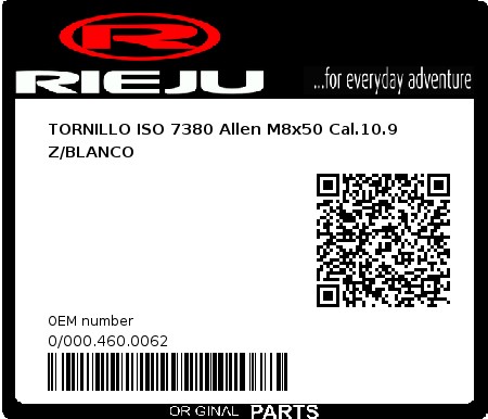 Product image: Rieju - 0/000.460.0062 - TORNILLO ISO 7380 Allen M8x50 Cal.10.9 Z/BLANCO  0
