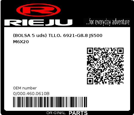 Product image: Rieju - 0/000.460.0610B - (BOLSA 5 uds) TLLO. 6921-G8.8 JS500 M6X20  0