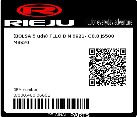 Product image: Rieju - 0/000.460.0660B - (BOLSA 5 uds) TLLO DIN 6921- G8.8 JS500 M8x20  0